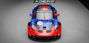 Sportinis ir lenktyninis Porsche automobilis su LKU kredito unijų grupės logotipu